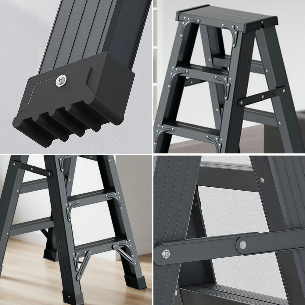 GROVIA 4/5/6-Step Aluminium Folding Ladder - 14.5cm Thick, 15cm Wide Pedal, Anti-Slip Feet - Grey
