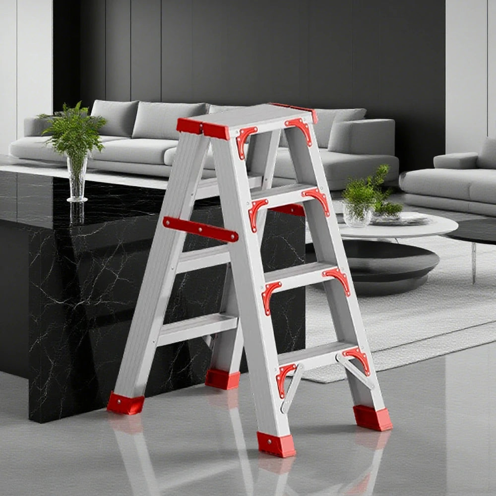 GROVIA 4/5/6-Step Aluminium Folding Ladder - 14.5cm Thick, 15cm Wide Pedal, Anti-Slip Feet - Red