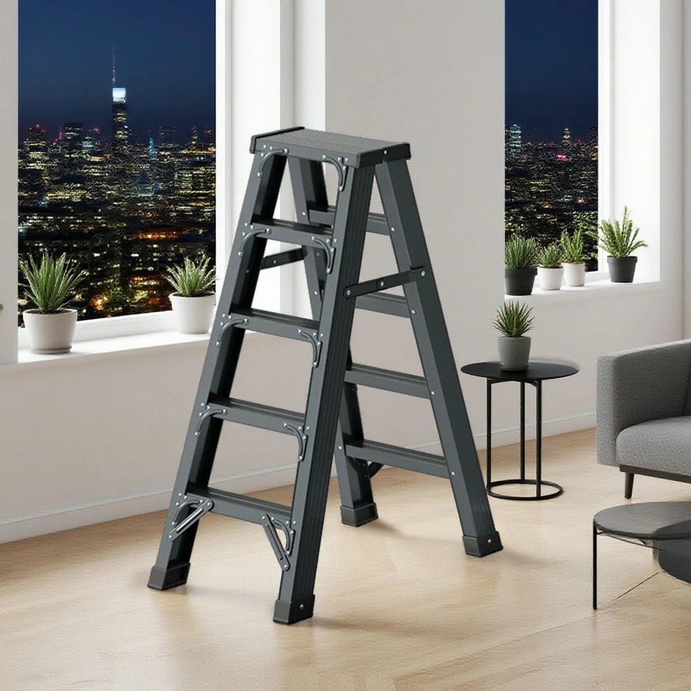GROVIA 4/5/6-Step Aluminium Folding Ladder - 14.5cm Thick, 15cm Wide Pedal, Anti-Slip Feet - Grey