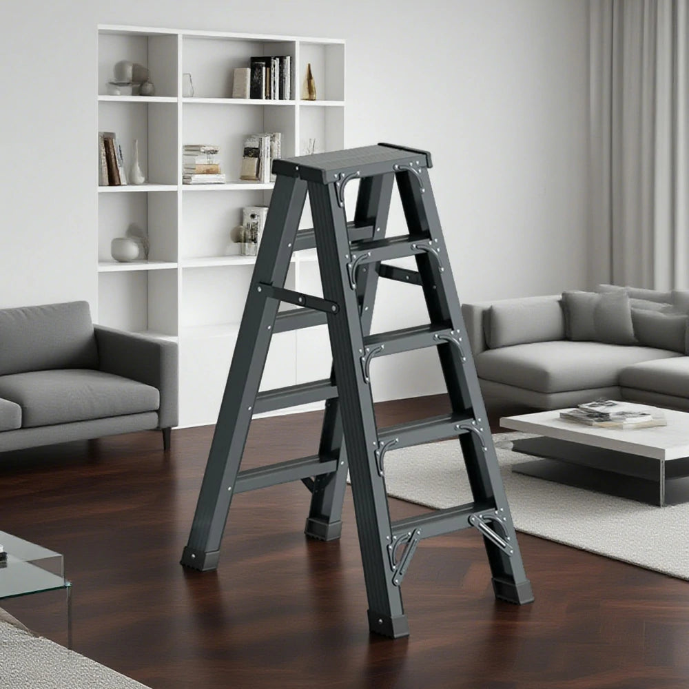 GROVIA 4/5/6-Step Aluminium Folding Ladder - 14.5cm Thick, 15cm Wide Pedal, Anti-Slip Feet - Grey