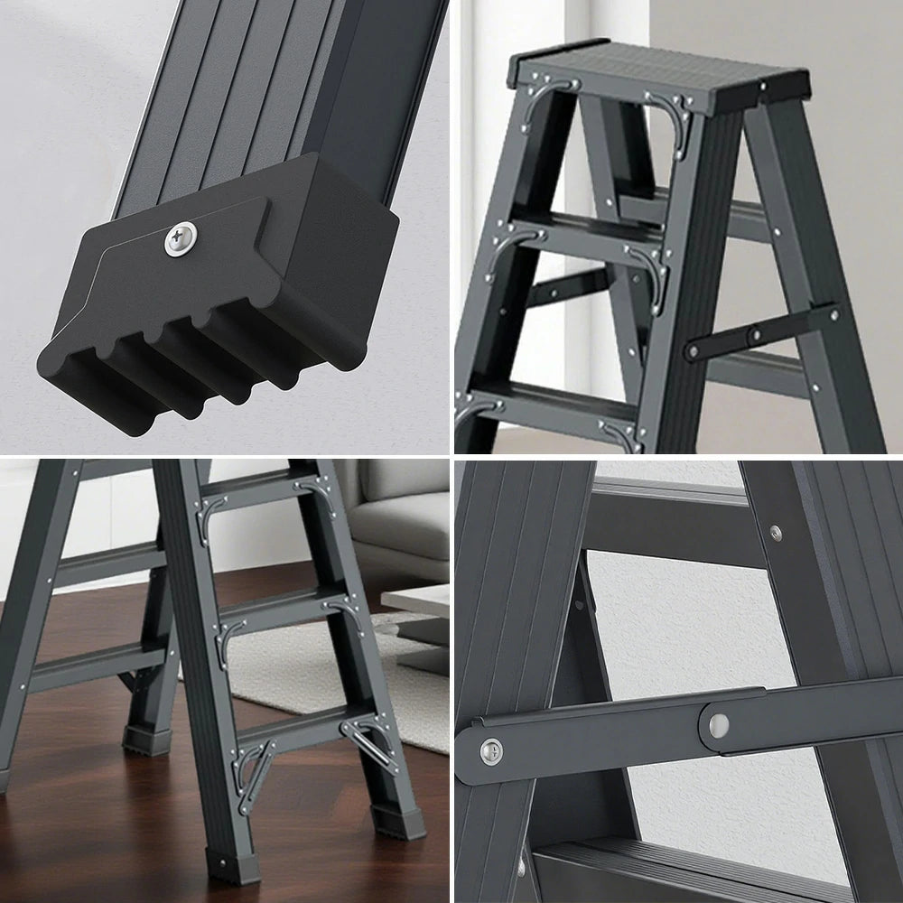 GROVIA 4/5/6-Step Aluminium Folding Ladder - 14.5cm Thick, 15cm Wide Pedal, Anti-Slip Feet - Grey