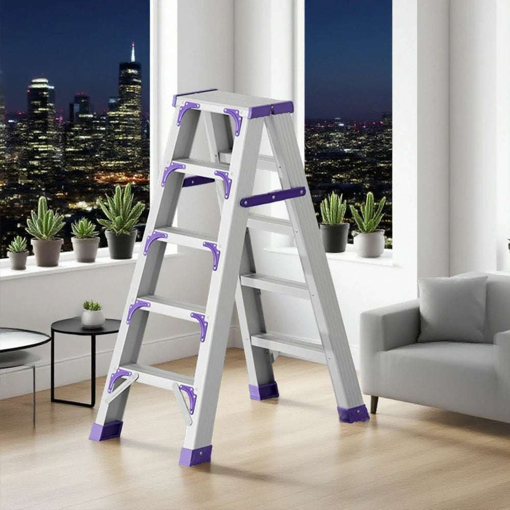 GROVIA 4/5/6-Step Aluminium Folding Ladder - 14.5cm Thick, 15cm Wide Pedal, Anti-Slip Feet - Purple