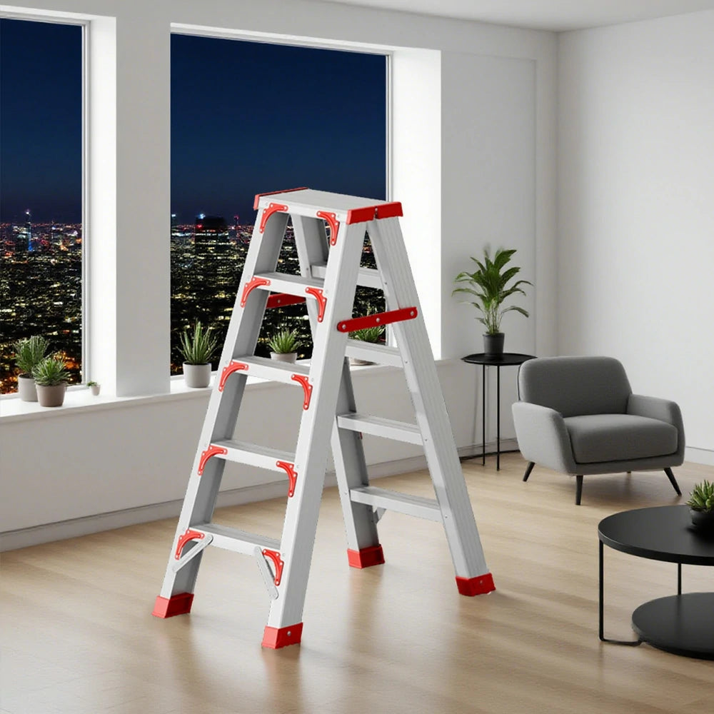 GROVIA 4/5/6-Step Aluminium Folding Ladder - 14.5cm Thick, 15cm Wide Pedal, Anti-Slip Feet - Red