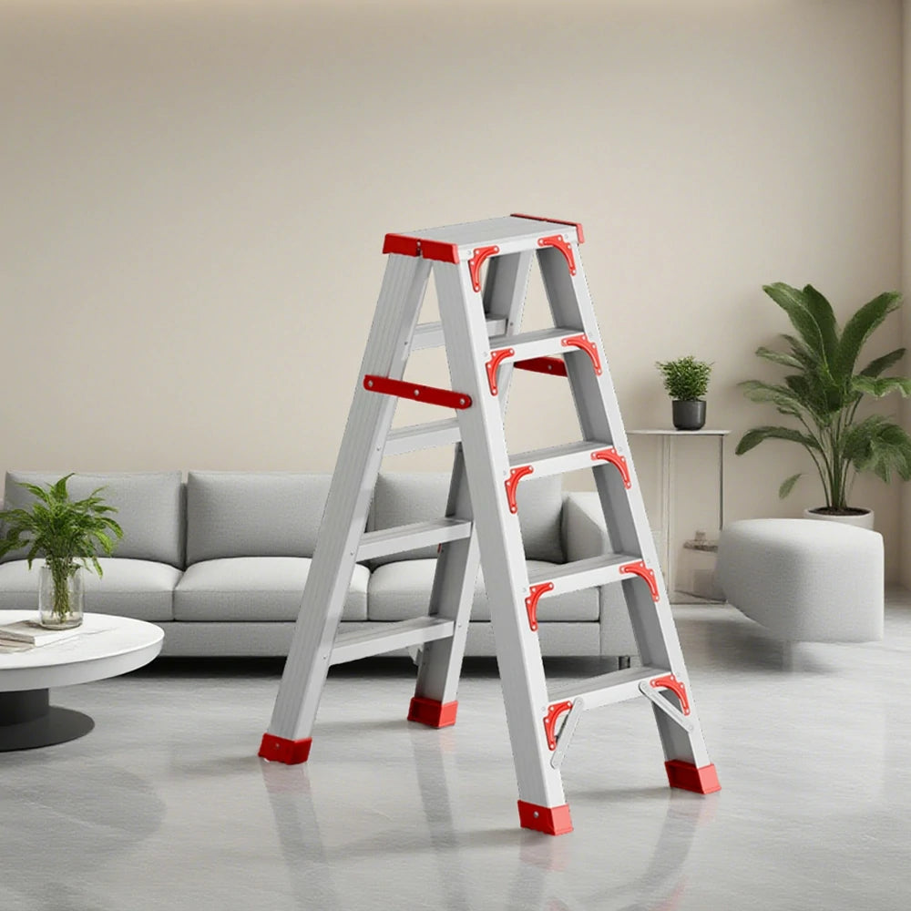 GROVIA 4/5/6-Step Aluminium Folding Ladder - 14.5cm Thick, 15cm Wide Pedal, Anti-Slip Feet - Red