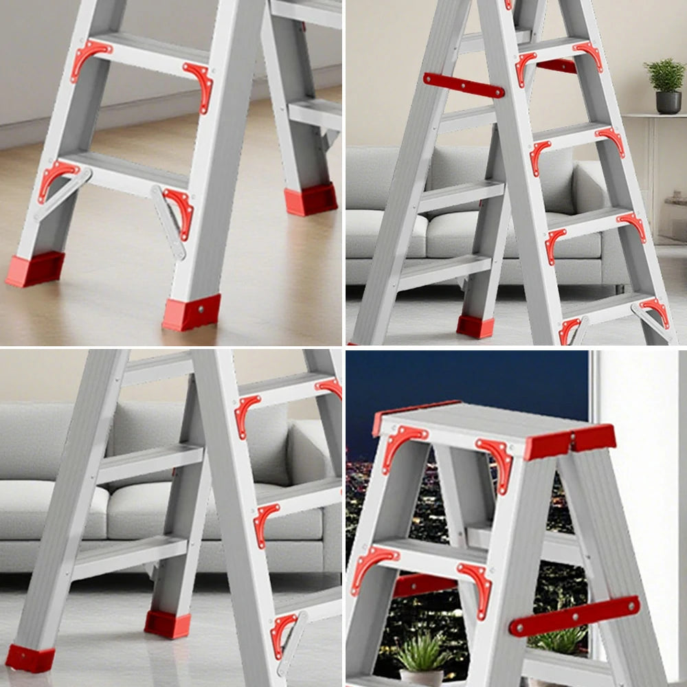 GROVIA 4/5/6-Step Aluminium Folding Ladder - 14.5cm Thick, 15cm Wide Pedal, Anti-Slip Feet - Red