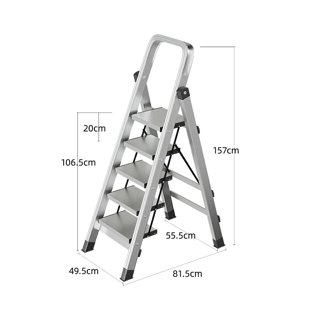 GROVIA 5/6/7/8-Step Aluminium Folding Ladder - 6cm Slim Design, 18cm Wide Non-Slip Pedal, Anti-Slip Feet - Silver
