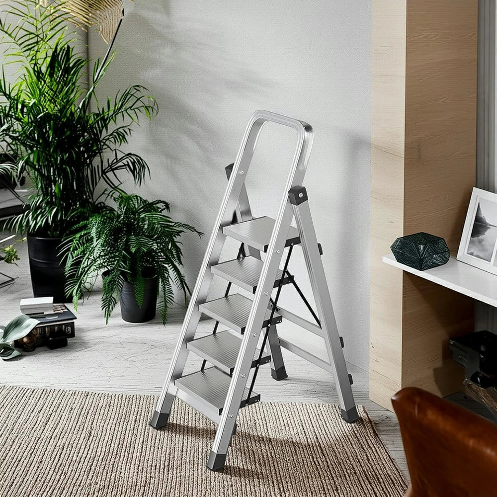GROVIA 5/6/7/8-Step Aluminium Folding Ladder - 6cm Slim Design, 18cm Wide Non-Slip Pedal, Anti-Slip Feet - Silver