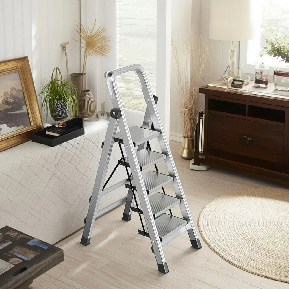 GROVIA 5/6/7/8-Step Aluminium Folding Ladder - 6cm Slim Design, 18cm Wide Non-Slip Pedal, Anti-Slip Feet - Silver