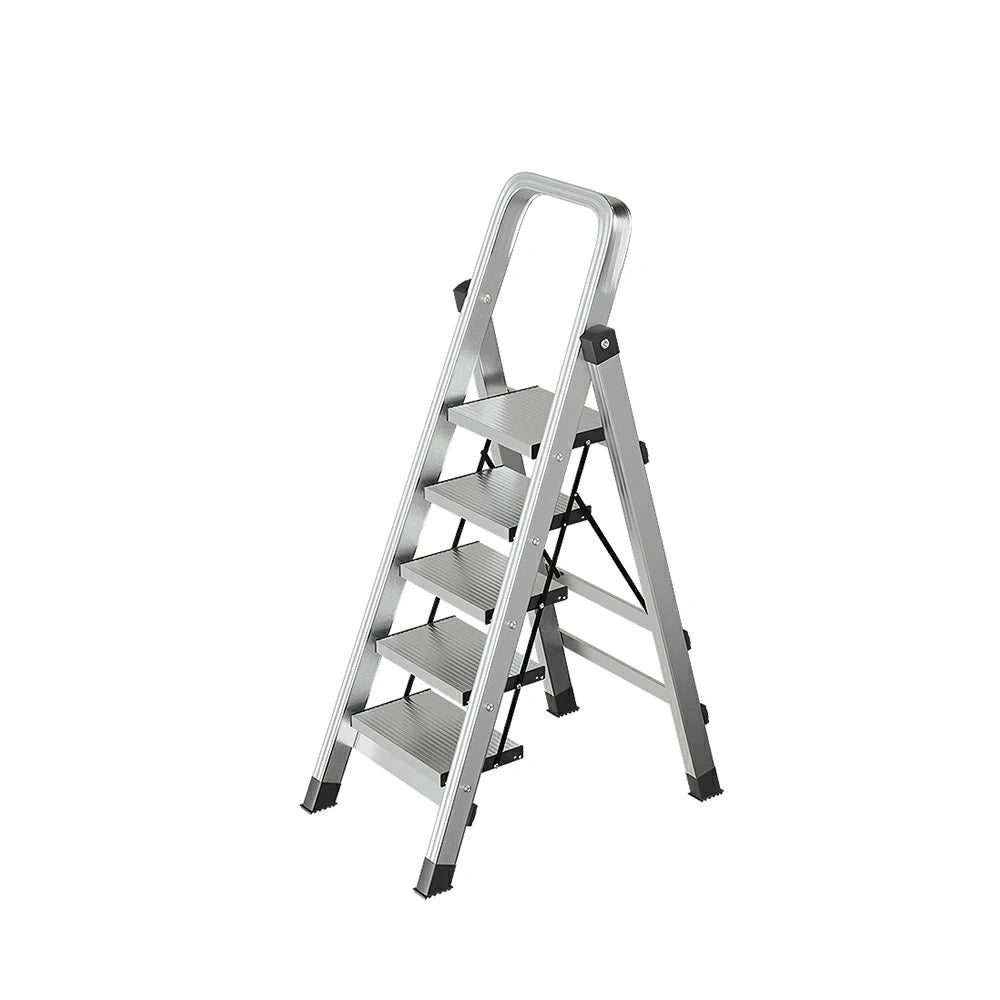 GROVIA 5/6/7/8-Step Aluminium Folding Ladder - 6cm Slim Design, 18cm Wide Non-Slip Pedal, Anti-Slip Feet - Silver