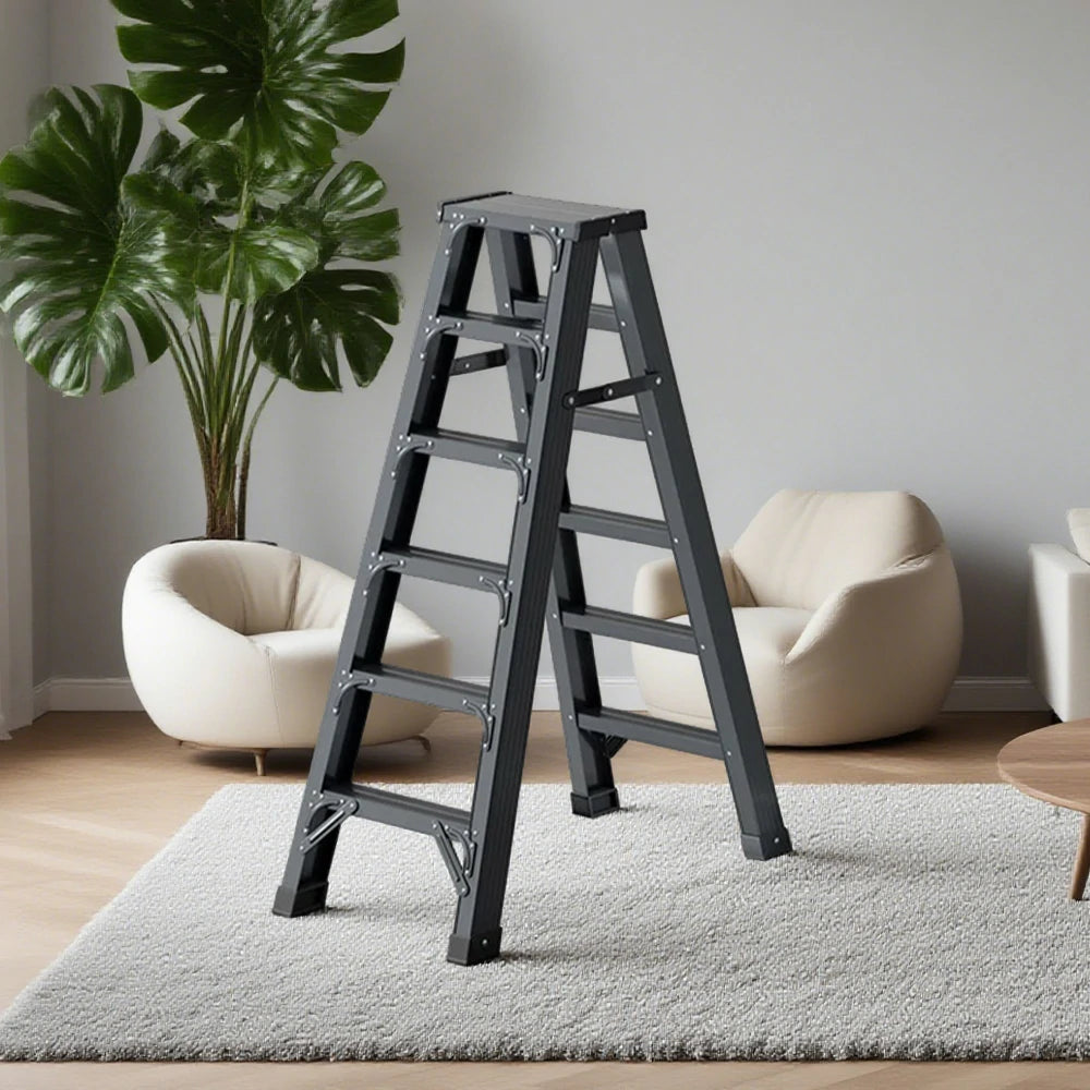 GROVIA 4/5/6-Step Aluminium Folding Ladder - 14.5cm Thick, 15cm Wide Pedal, Anti-Slip Feet - Grey