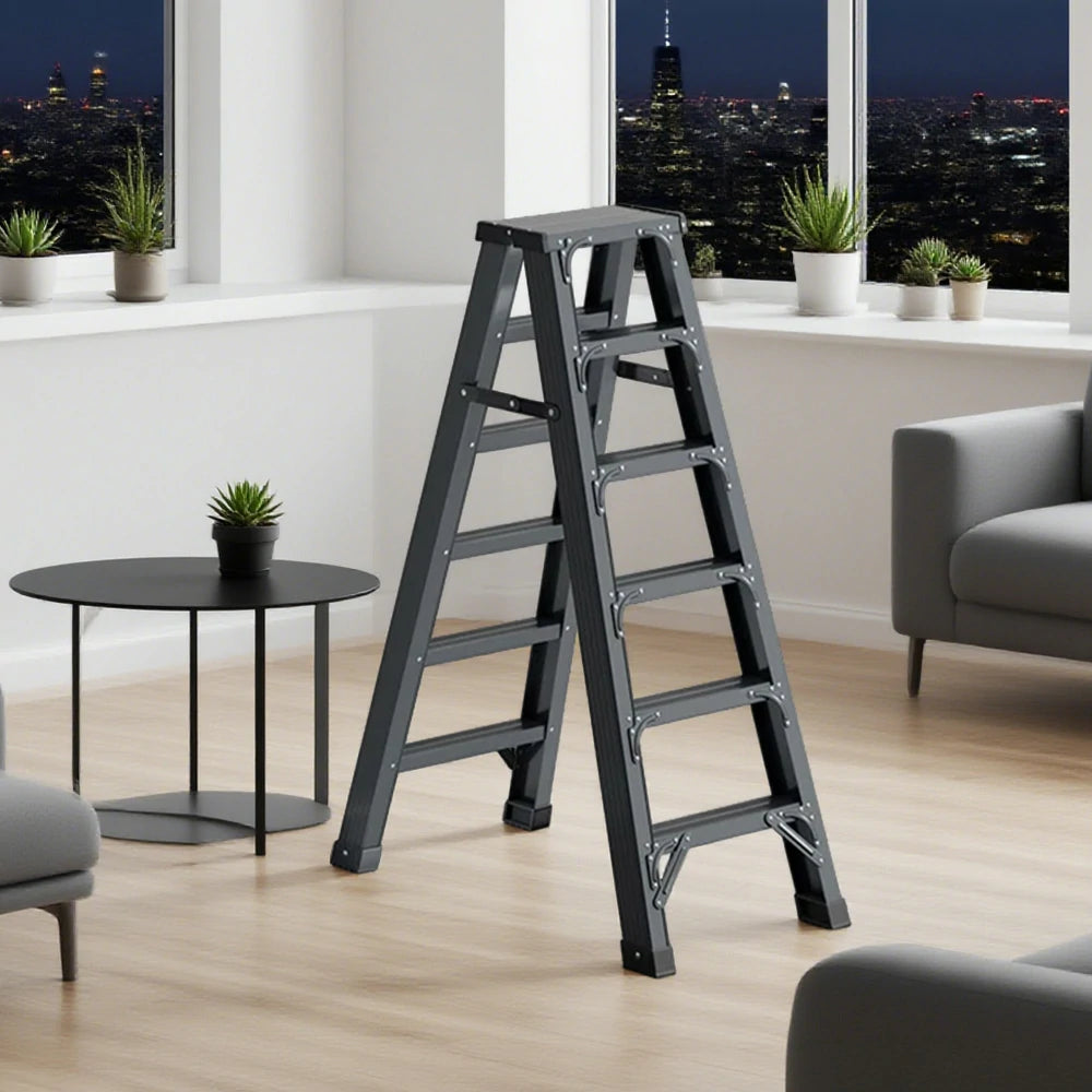 GROVIA 4/5/6-Step Aluminium Folding Ladder - 14.5cm Thick, 15cm Wide Pedal, Anti-Slip Feet - Grey