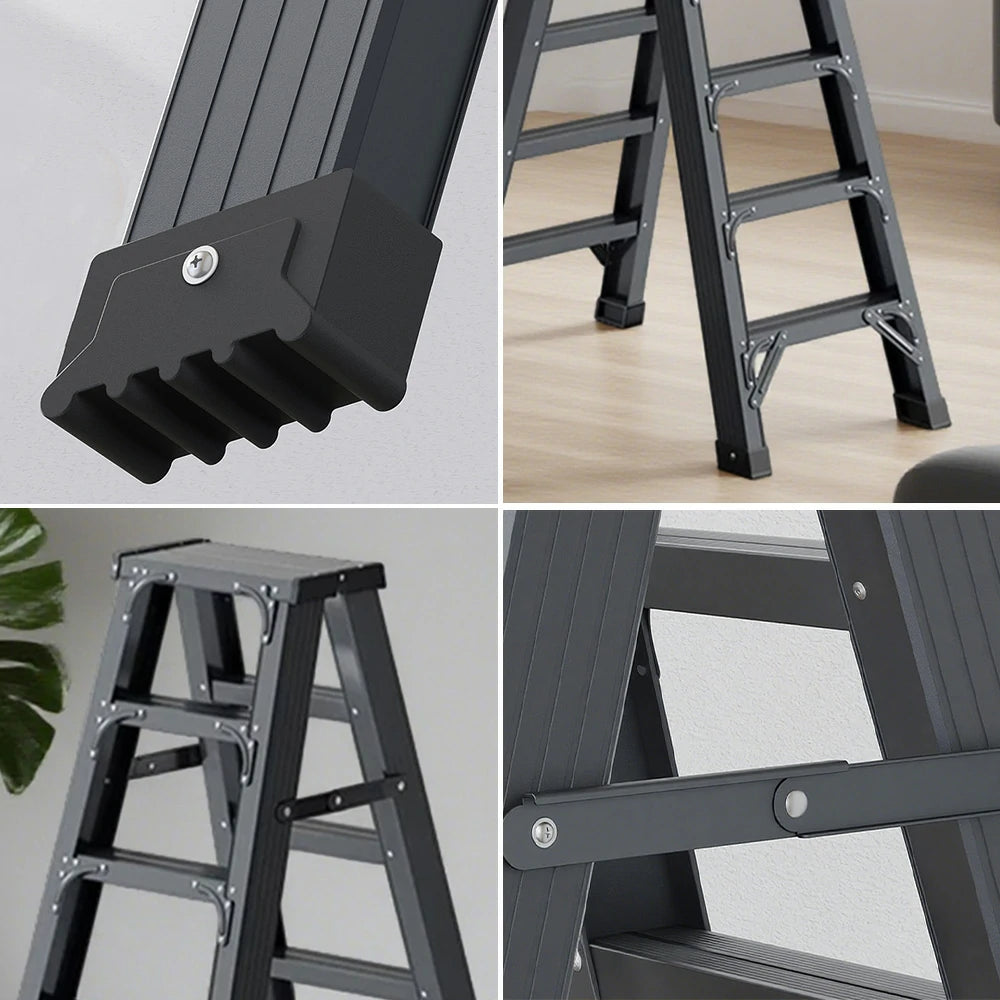 GROVIA 4/5/6-Step Aluminium Folding Ladder - 14.5cm Thick, 15cm Wide Pedal, Anti-Slip Feet - Grey