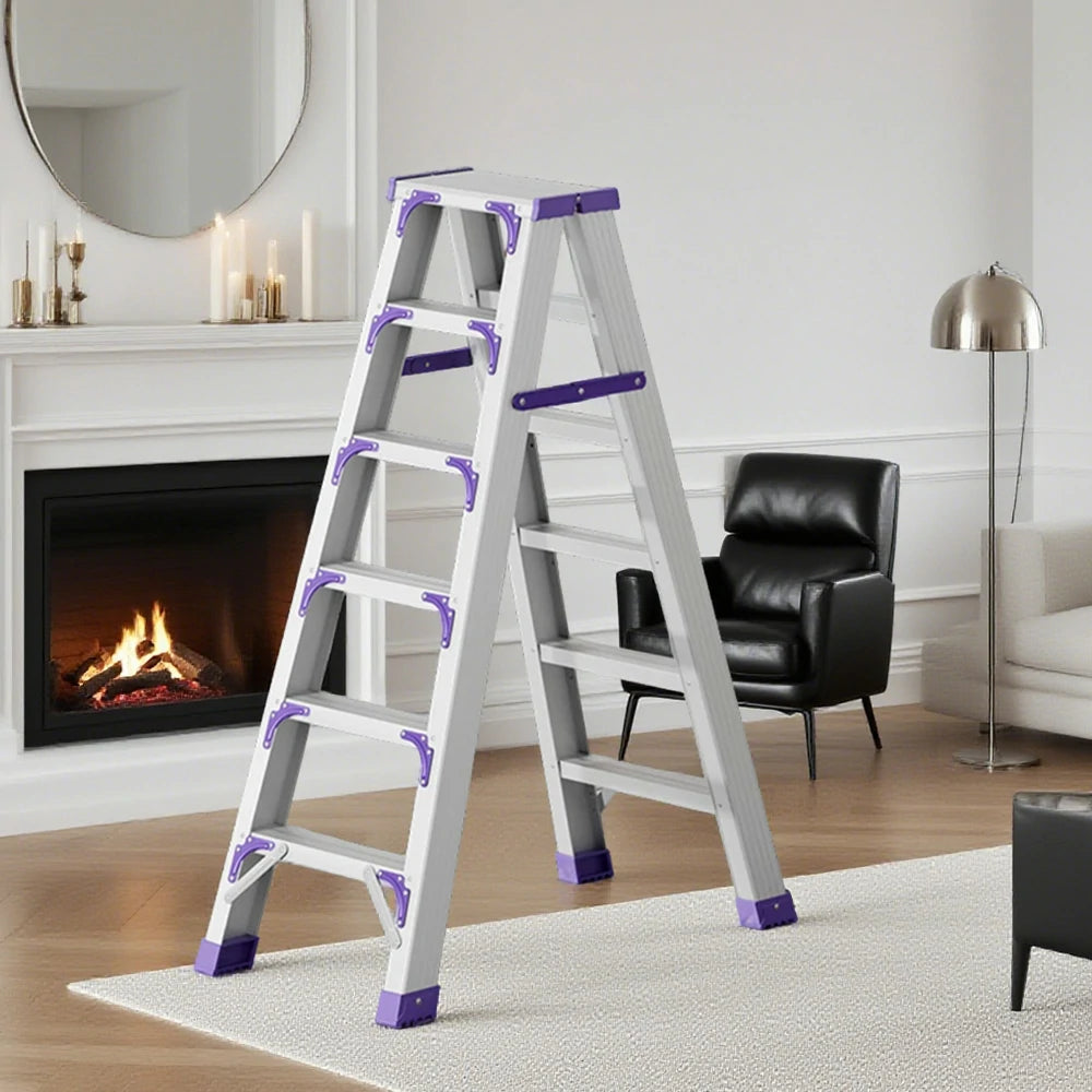 GROVIA 4/5/6-Step Aluminium Folding Ladder - 14.5cm Thick, 15cm Wide Pedal, Anti-Slip Feet - Purple