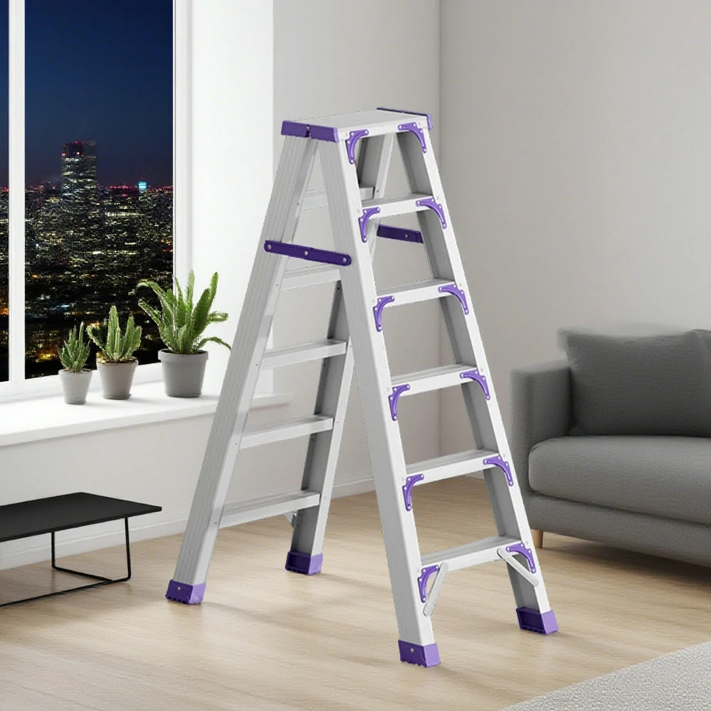 GROVIA 4/5/6-Step Aluminium Folding Ladder - 14.5cm Thick, 15cm Wide Pedal, Anti-Slip Feet - Purple