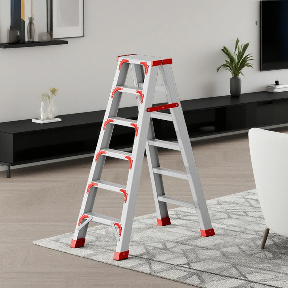 GROVIA 4/5/6-Step Aluminium Folding Ladder - 14.5cm Thick, 15cm Wide Pedal, Anti-Slip Feet - Red