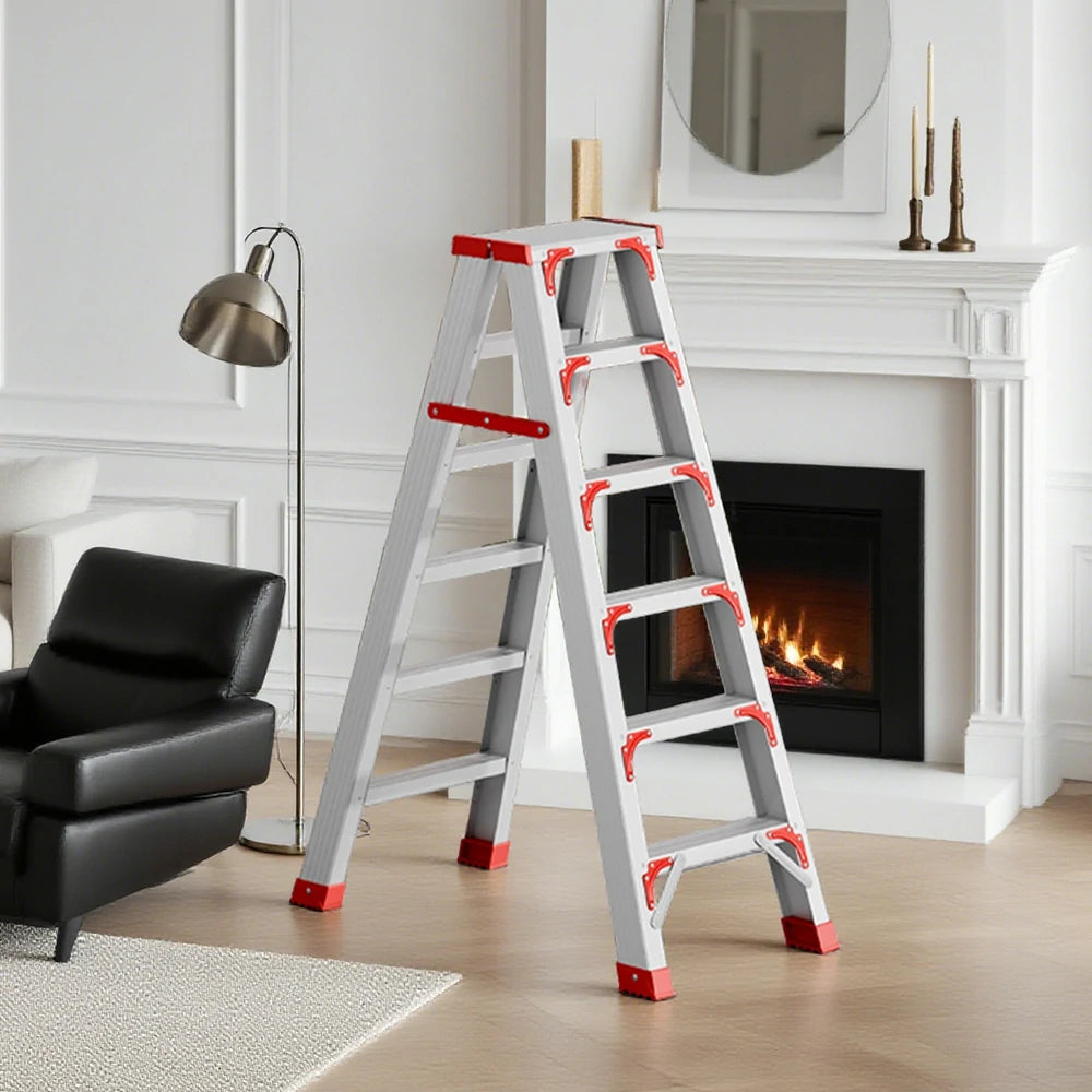GROVIA 4/5/6-Step Aluminium Folding Ladder - 14.5cm Thick, 15cm Wide Pedal, Anti-Slip Feet - Red