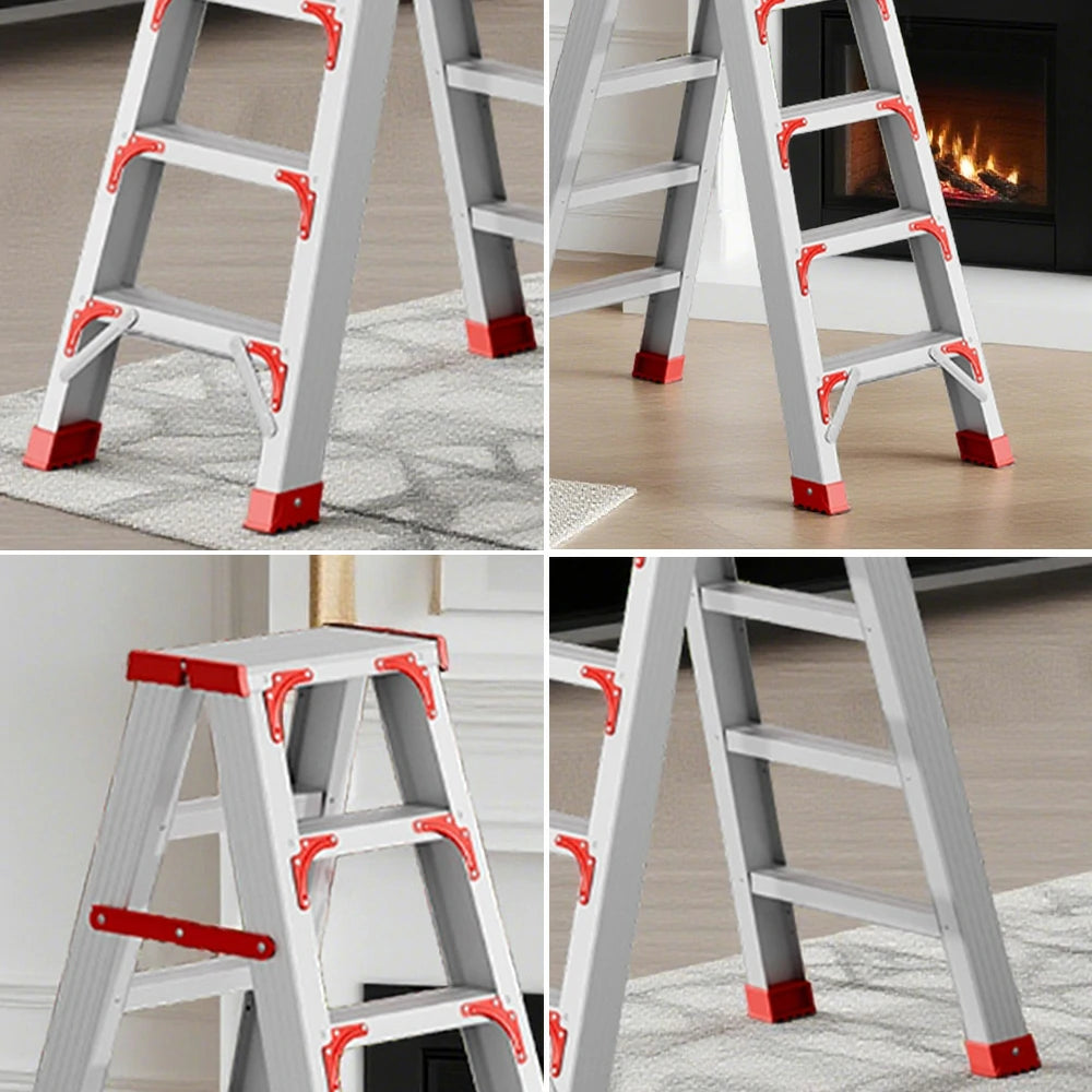 GROVIA 4/5/6-Step Aluminium Folding Ladder - 14.5cm Thick, 15cm Wide Pedal, Anti-Slip Feet - Red