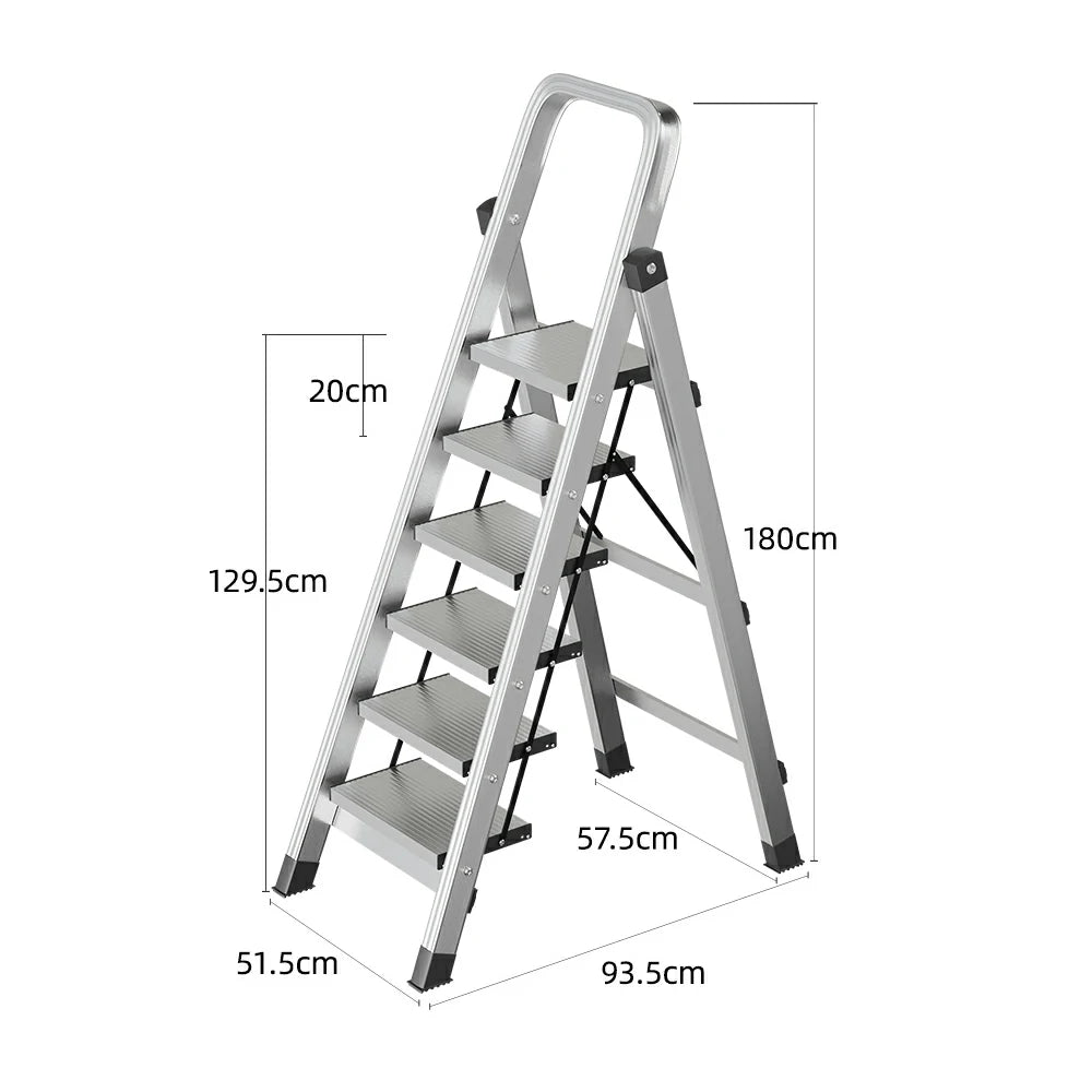 GROVIA 5/6/7/8-Step Aluminium Folding Ladder - 6cm Slim Design, 18cm Wide Non-Slip Pedal, Anti-Slip Feet - Silver