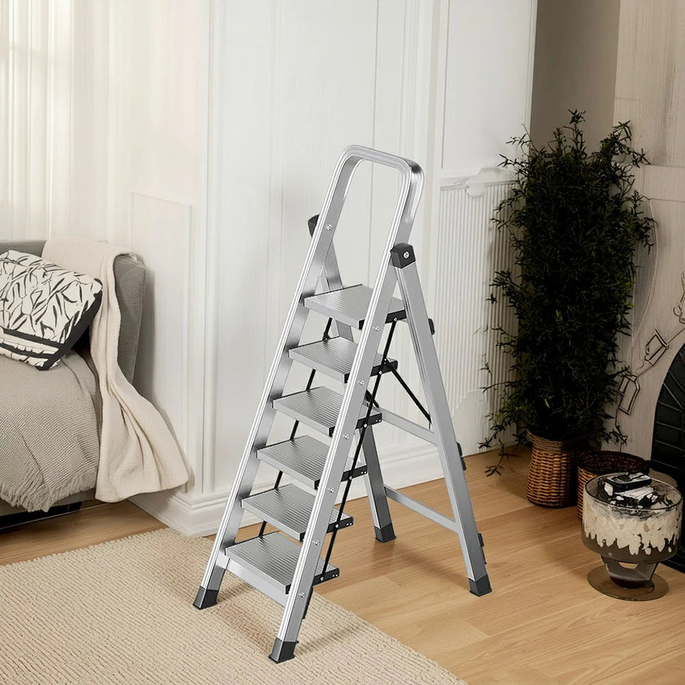 GROVIA 5/6/7/8-Step Aluminium Folding Ladder - 6cm Slim Design, 18cm Wide Non-Slip Pedal, Anti-Slip Feet - Silver