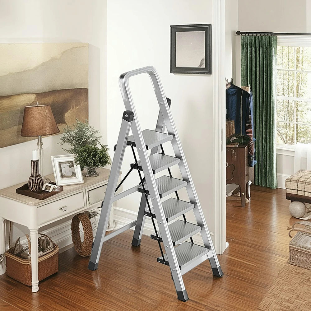 GROVIA 5/6/7/8-Step Aluminium Folding Ladder - 6cm Slim Design, 18cm Wide Non-Slip Pedal, Anti-Slip Feet - Silver
