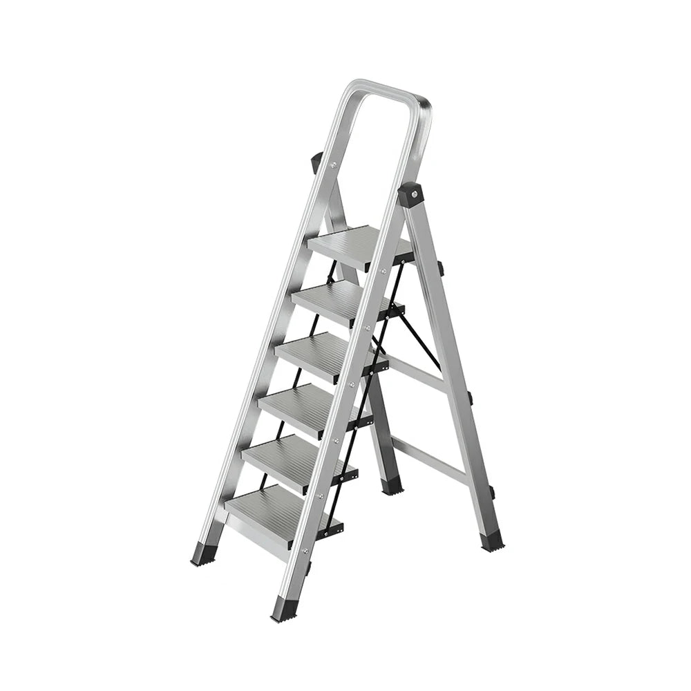 GROVIA 5/6/7/8-Step Aluminium Folding Ladder - 6cm Slim Design, 18cm Wide Non-Slip Pedal, Anti-Slip Feet - Silver