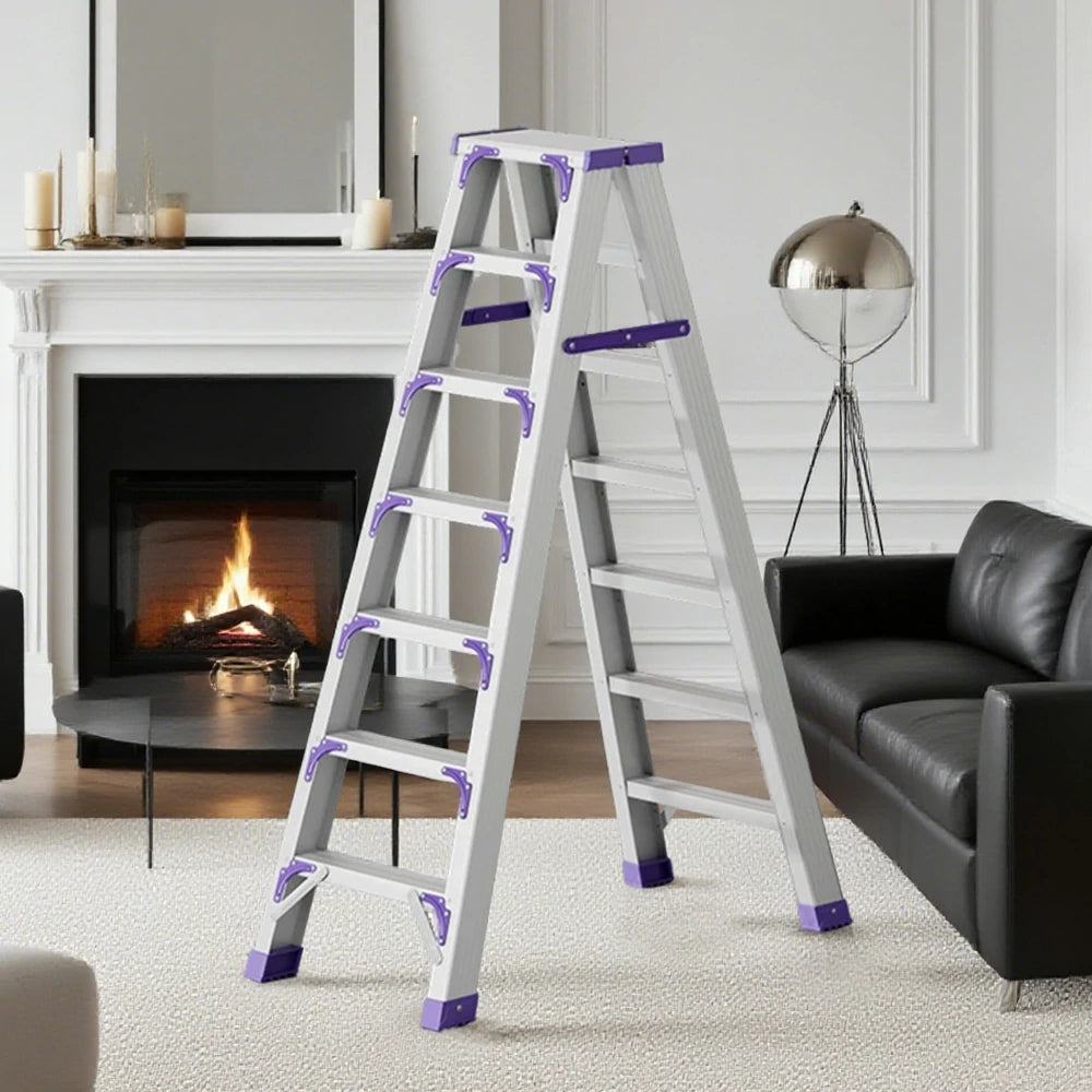 GROVIA 7/8/10-Step Aluminium Folding Ladder - 14.5cm Thick, 15cm Wide Pedal, Anti-Slip Feet - Purple