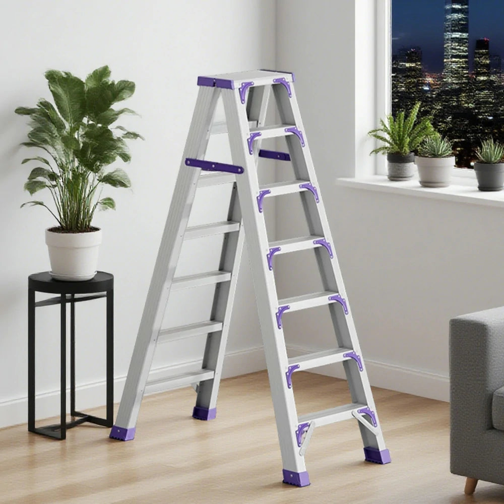 GROVIA 7/8/10-Step Aluminium Folding Ladder - 14.5cm Thick, 15cm Wide Pedal, Anti-Slip Feet - Purple