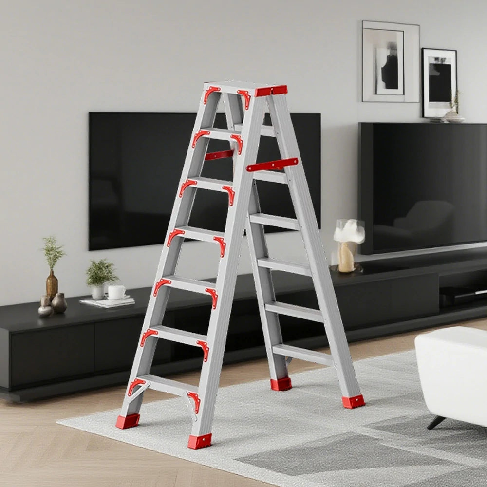 GROVIA 7/8/10-Step Aluminium Folding Ladder - 14.5cm Thick, 15cm Wide Pedal, Anti-Slip Feet - Red