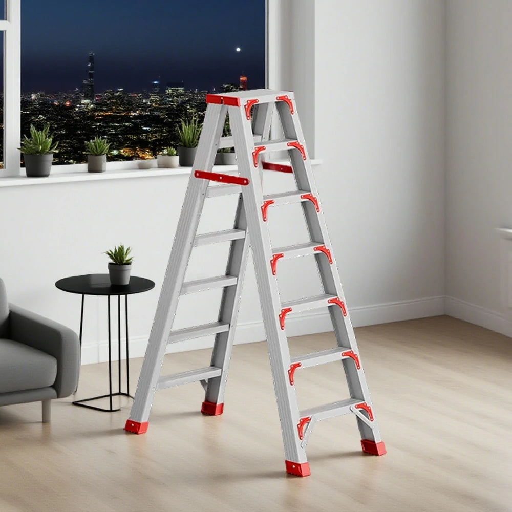 GROVIA 7/8/10-Step Aluminium Folding Ladder - 14.5cm Thick, 15cm Wide Pedal, Anti-Slip Feet - Red