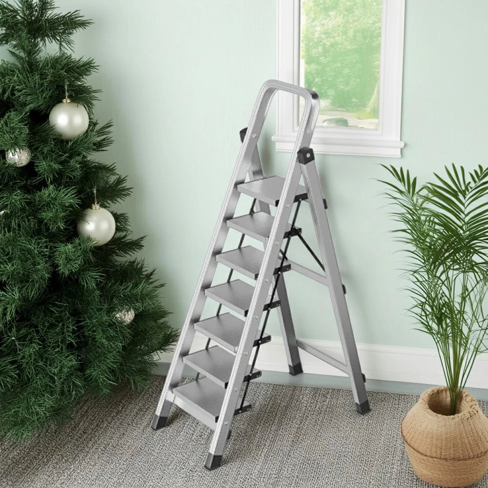 GROVIA 5/6/7/8-Step Aluminium Folding Ladder - 6cm Slim Design, 18cm Wide Non-Slip Pedal, Anti-Slip Feet - Silver