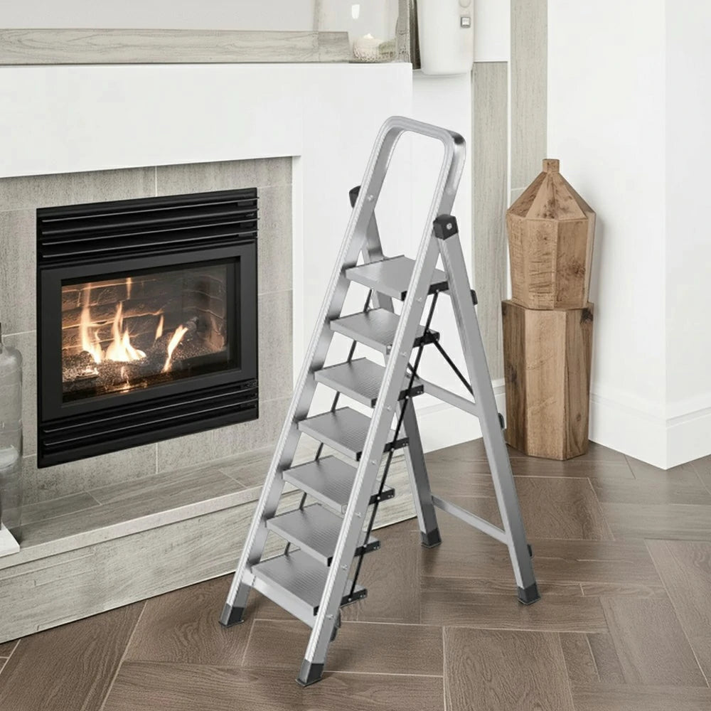 GROVIA 5/6/7/8-Step Aluminium Folding Ladder - 6cm Slim Design, 18cm Wide Non-Slip Pedal, Anti-Slip Feet - Silver