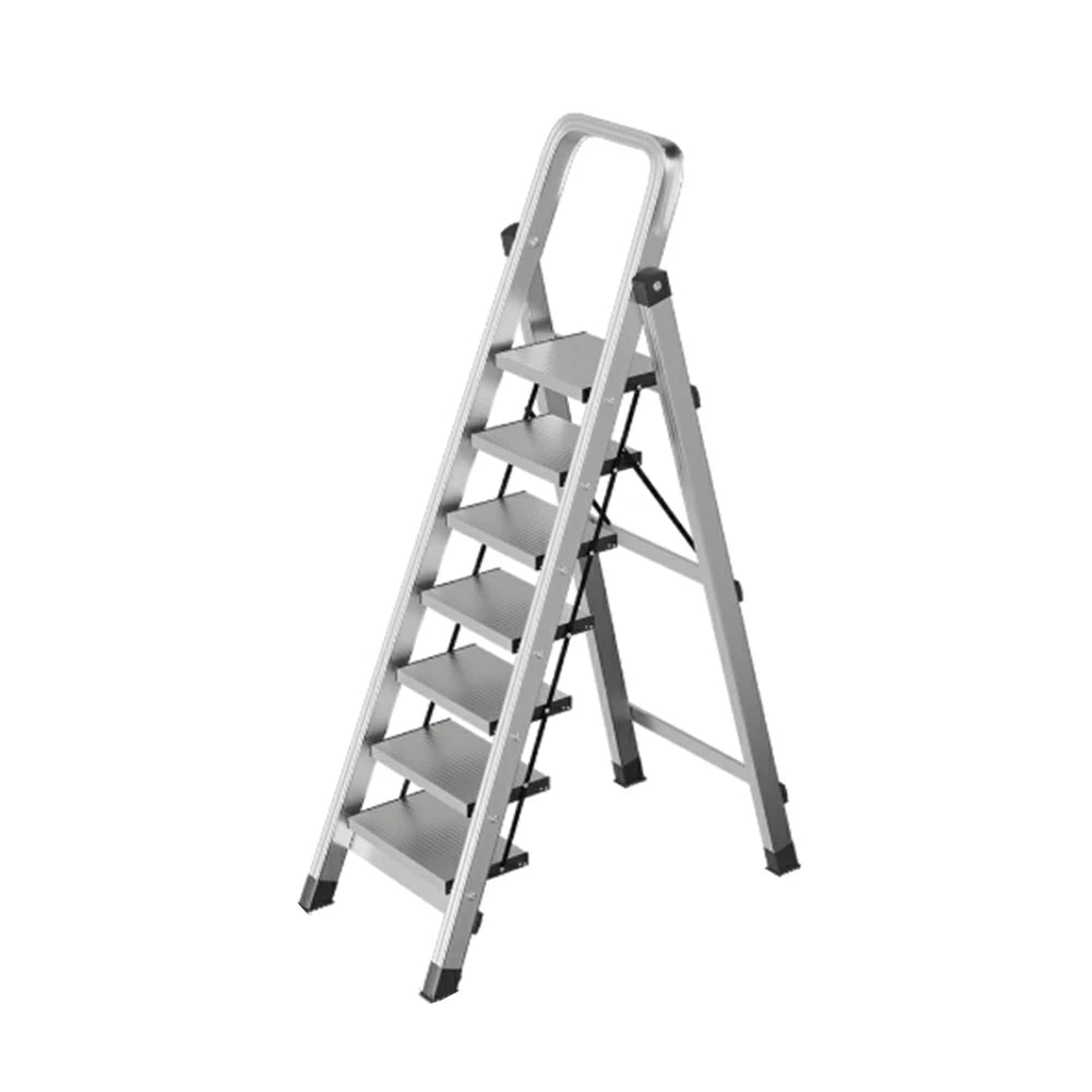 GROVIA 5/6/7/8-Step Aluminium Folding Ladder - 6cm Slim Design, 18cm Wide Non-Slip Pedal, Anti-Slip Feet - Silver