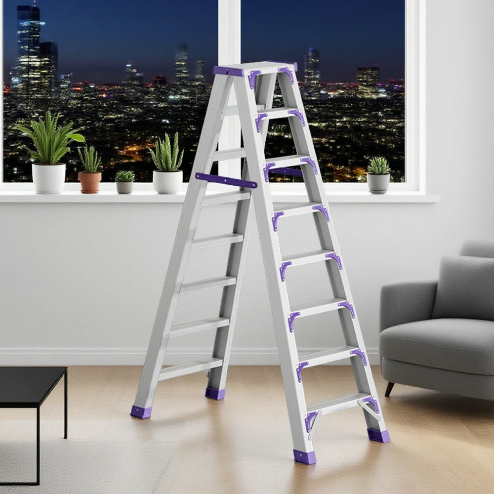GROVIA 7/8/10-Step Aluminium Folding Ladder - 14.5cm Thick, 15cm Wide Pedal, Anti-Slip Feet - Purple