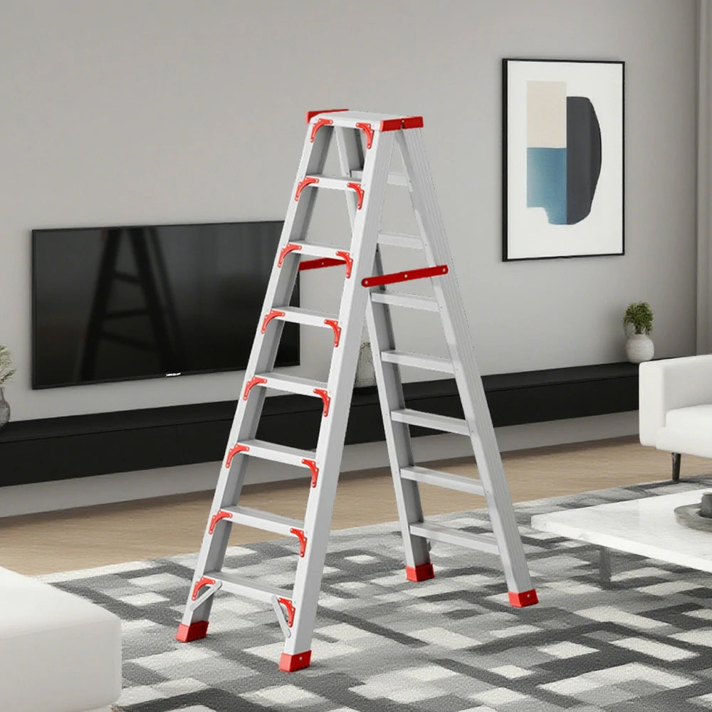 GROVIA 7/8/10-Step Aluminium Folding Ladder - 14.5cm Thick, 15cm Wide Pedal, Anti-Slip Feet - Red
