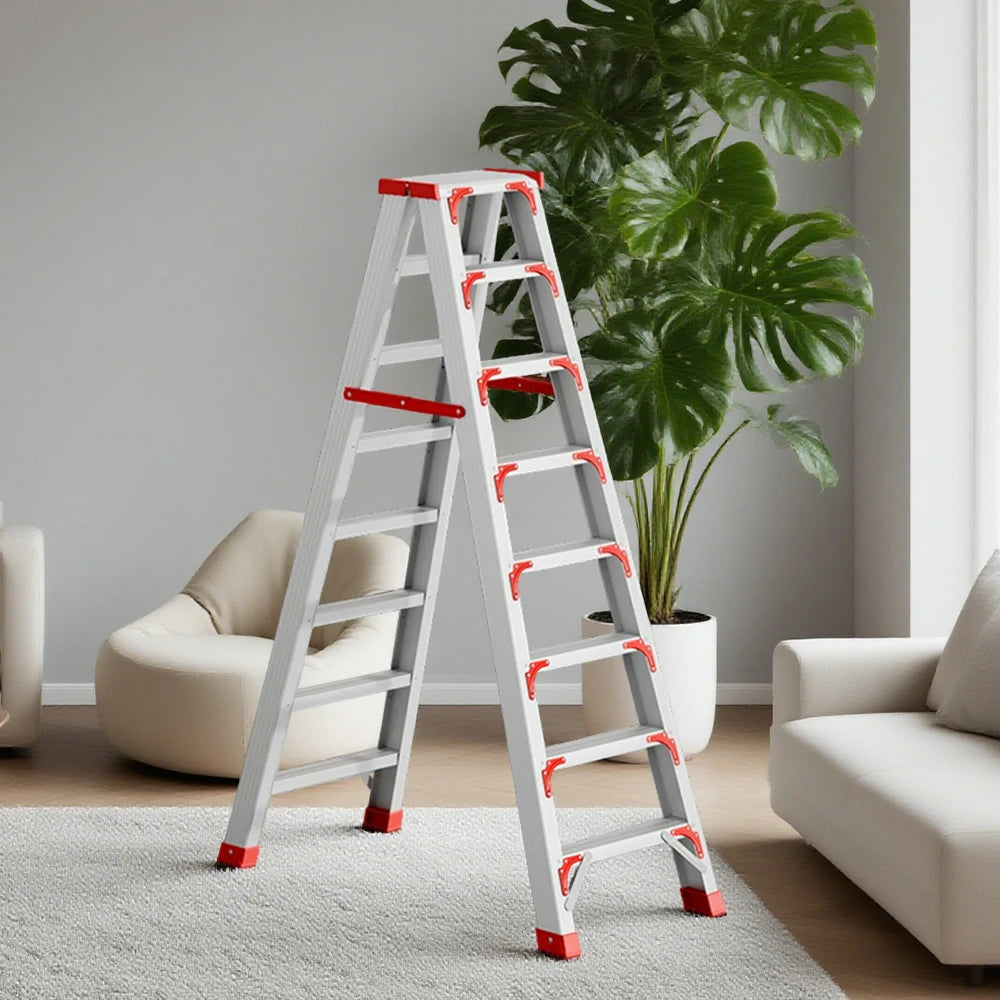 GROVIA 7/8/10-Step Aluminium Folding Ladder - 14.5cm Thick, 15cm Wide Pedal, Anti-Slip Feet - Red