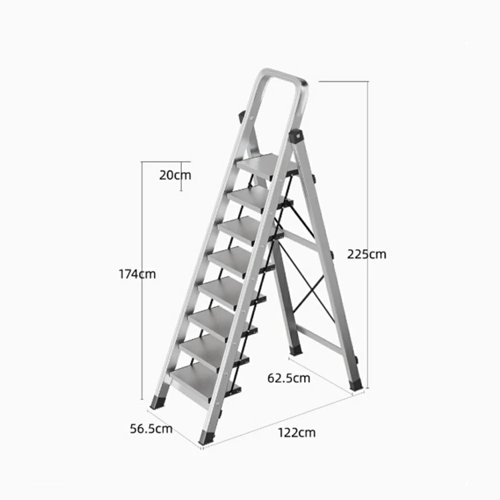 GROVIA 5/6/7/8-Step Aluminium Folding Ladder - 6cm Slim Design, 18cm Wide Non-Slip Pedal, Anti-Slip Feet - Silver