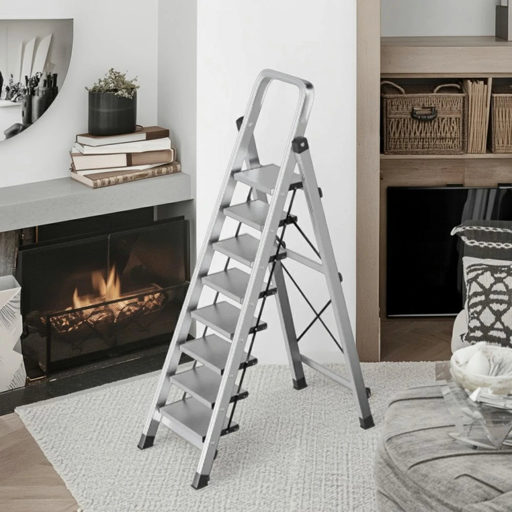 GROVIA 5/6/7/8-Step Aluminium Folding Ladder - 6cm Slim Design, 18cm Wide Non-Slip Pedal, Anti-Slip Feet - Silver