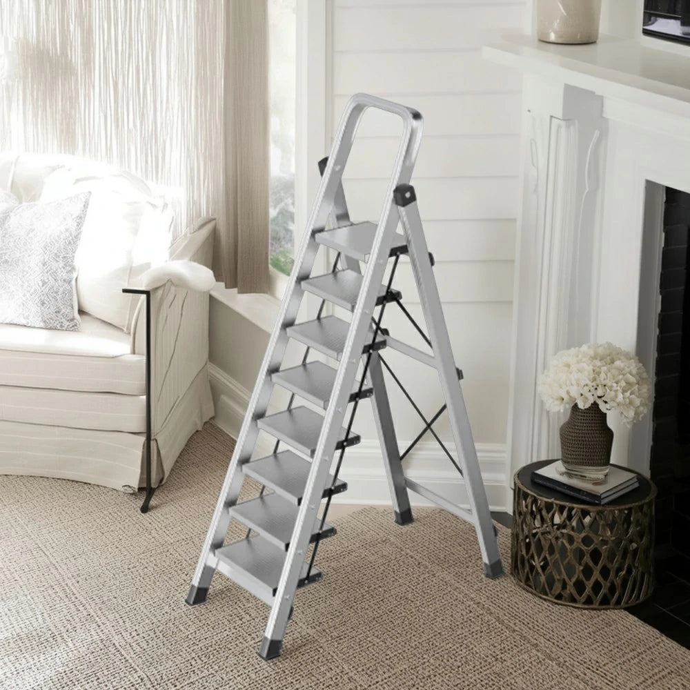 GROVIA 5/6/7/8-Step Aluminium Folding Ladder - 6cm Slim Design, 18cm Wide Non-Slip Pedal, Anti-Slip Feet - Silver