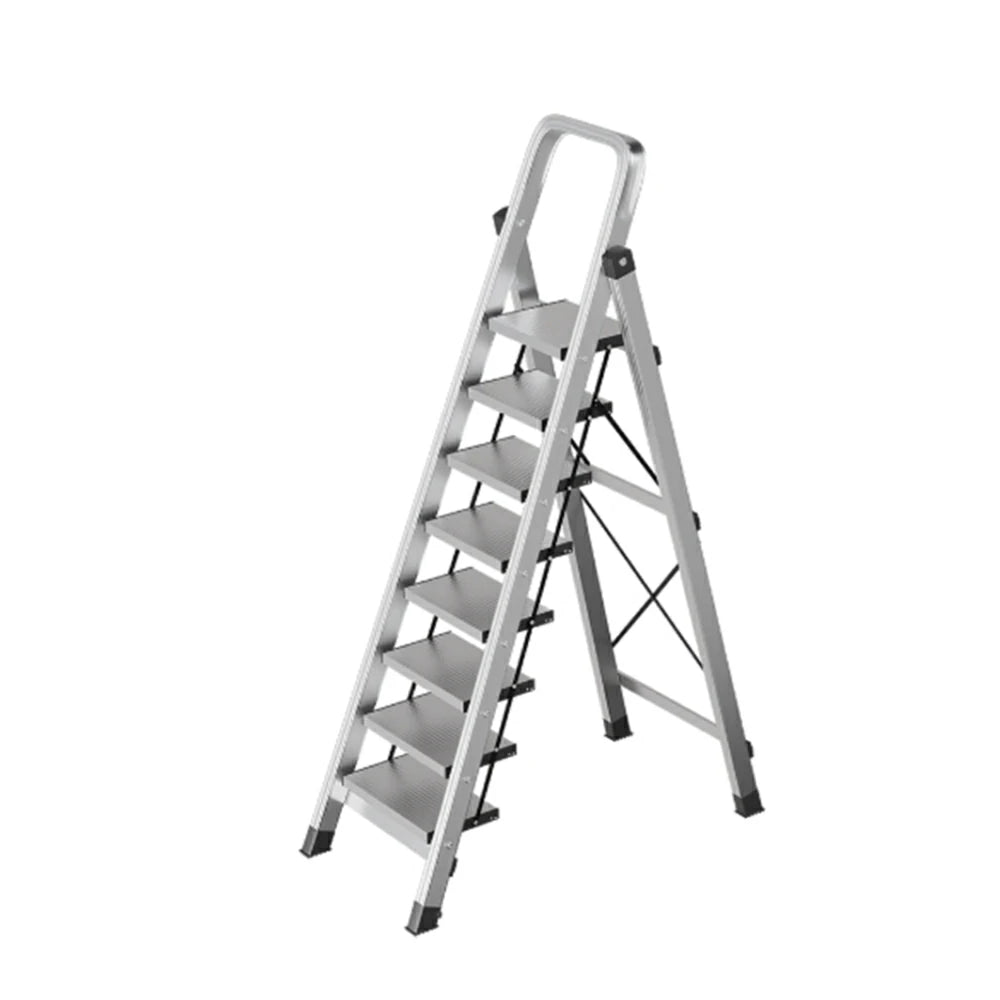 GROVIA 5/6/7/8-Step Aluminium Folding Ladder - 6cm Slim Design, 18cm Wide Non-Slip Pedal, Anti-Slip Feet - Silver