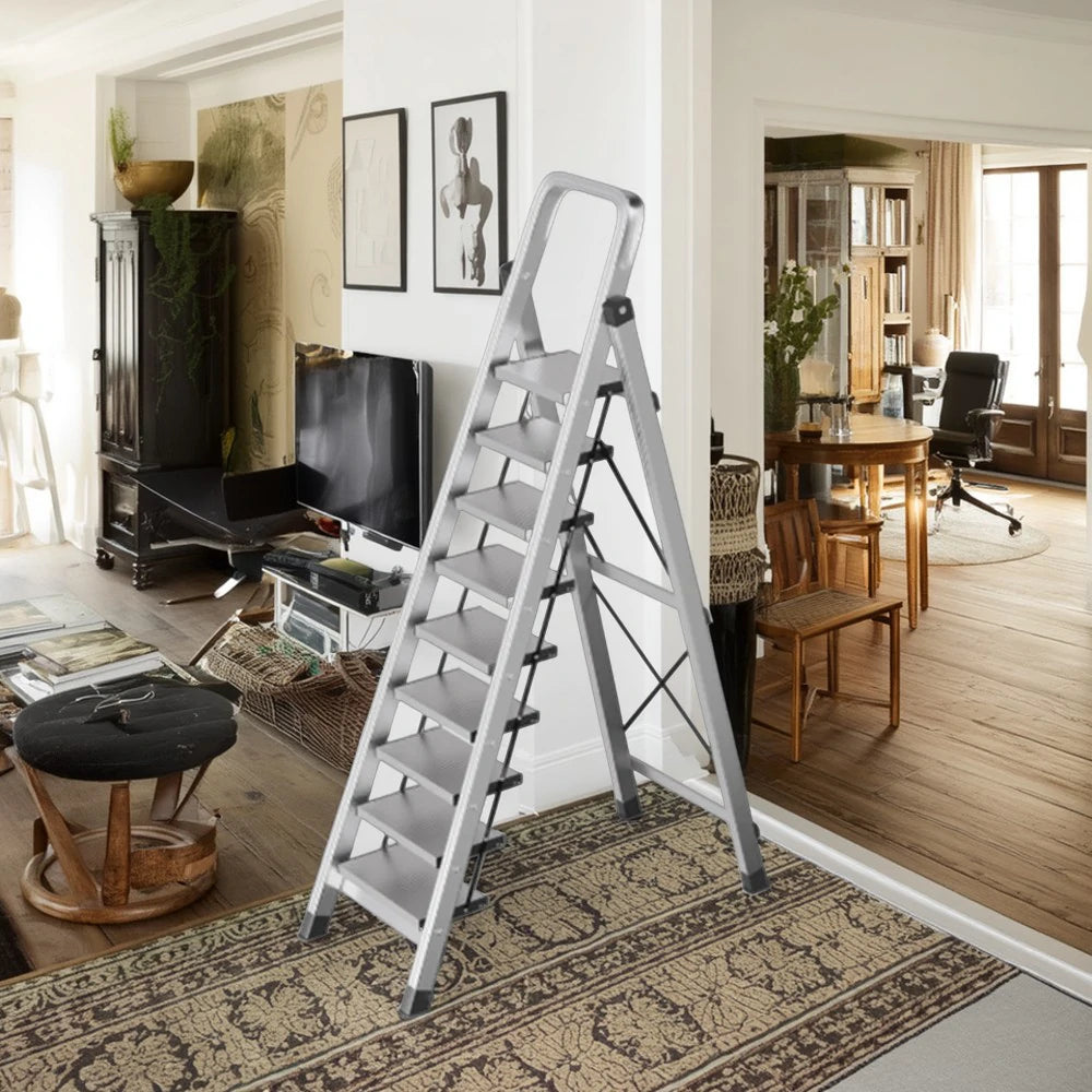 GROVIA 9/10/11/12-Step Aluminium Folding Ladder - 6cm Slim Design, 18cm Wide Non-Slip Pedal, Anti-Slip Feet - Silver
