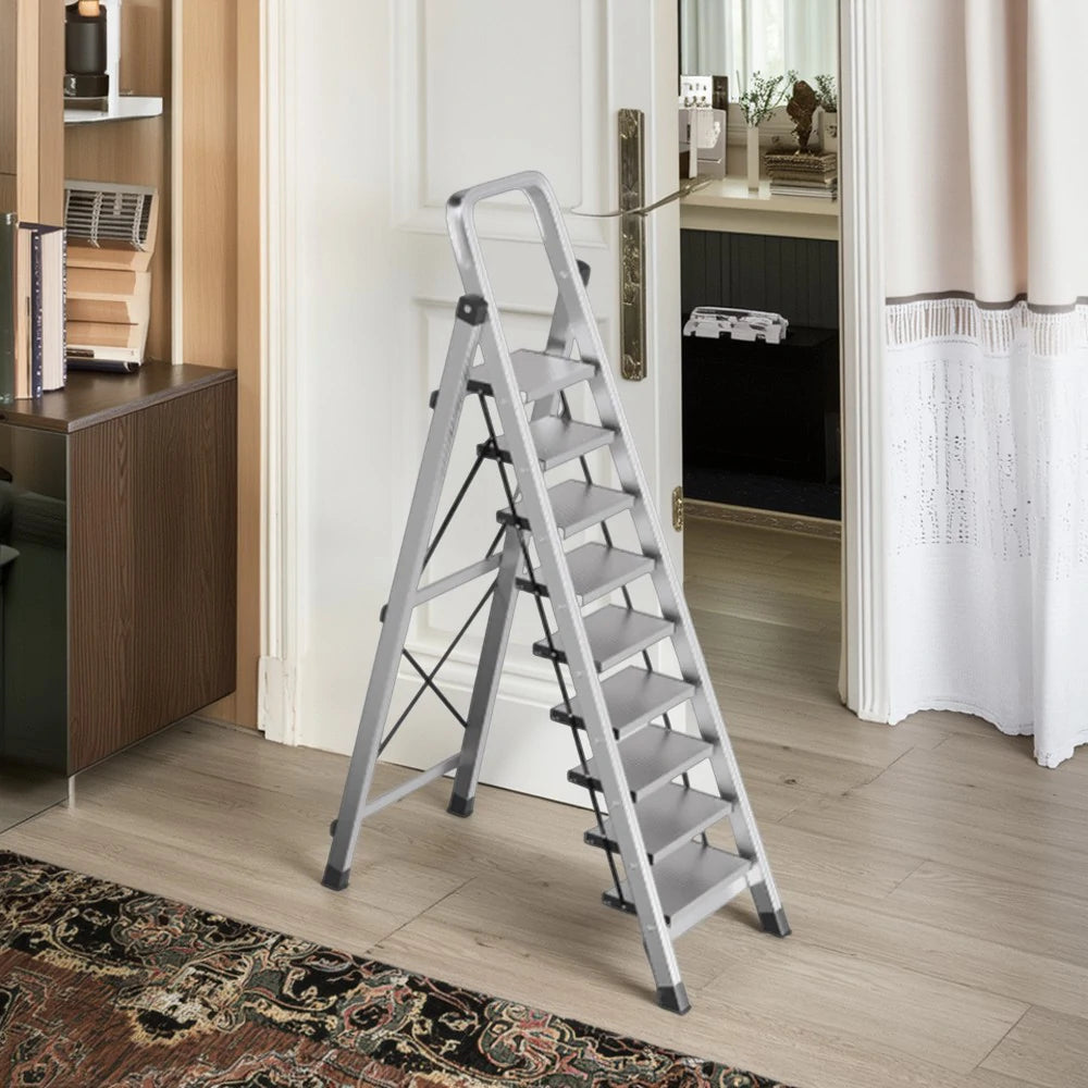 GROVIA 9/10/11/12-Step Aluminium Folding Ladder - 6cm Slim Design, 18cm Wide Non-Slip Pedal, Anti-Slip Feet - Silver