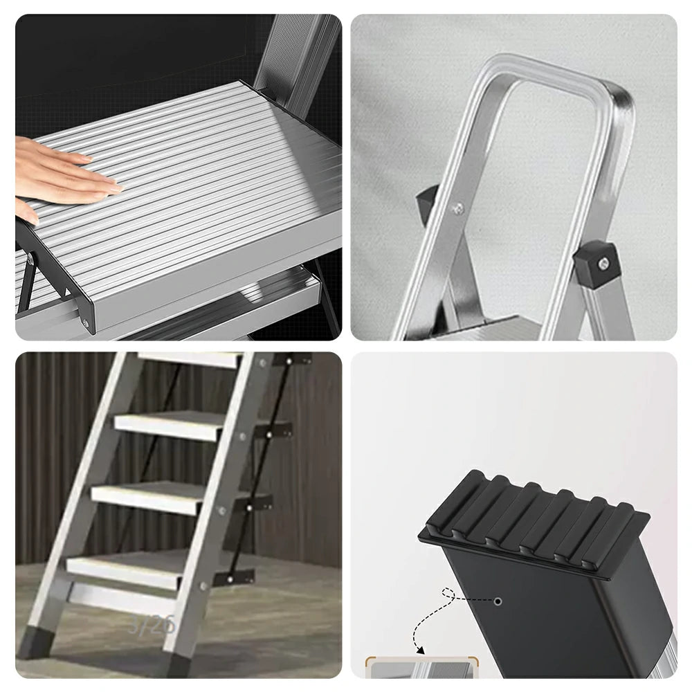 GROVIA 9/10/11/12-Step Aluminium Folding Ladder - 6cm Slim Design, 18cm Wide Non-Slip Pedal, Anti-Slip Feet - Silver