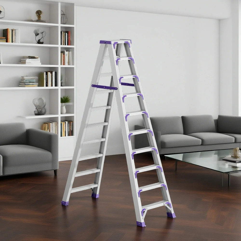 GROVIA 7/8/10-Step Aluminium Folding Ladder - 14.5cm Thick, 15cm Wide Pedal, Anti-Slip Feet - Purple