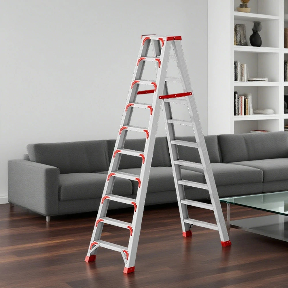 GROVIA 7/8/10-Step Aluminium Folding Ladder - 14.5cm Thick, 15cm Wide Pedal, Anti-Slip Feet - Red