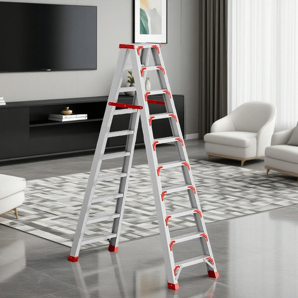 GROVIA 7/8/10-Step Aluminium Folding Ladder - 14.5cm Thick, 15cm Wide Pedal, Anti-Slip Feet - Red