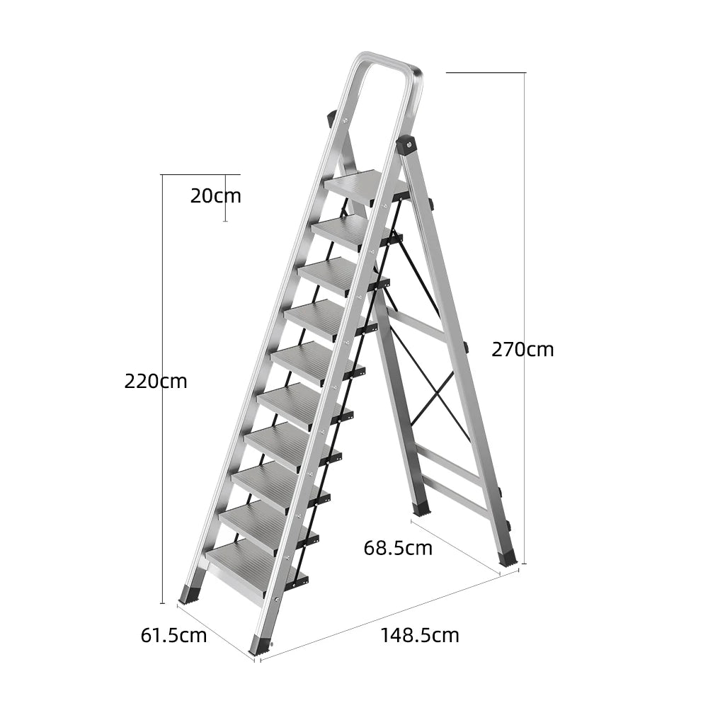 GROVIA 9/10/11/12-Step Aluminium Folding Ladder - 6cm Slim Design, 18cm Wide Non-Slip Pedal, Anti-Slip Feet - Silver