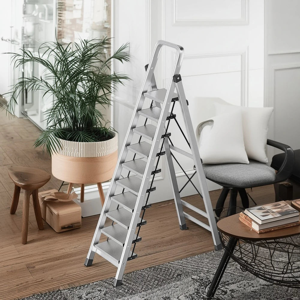 GROVIA 9/10/11/12-Step Aluminium Folding Ladder - 6cm Slim Design, 18cm Wide Non-Slip Pedal, Anti-Slip Feet - Silver