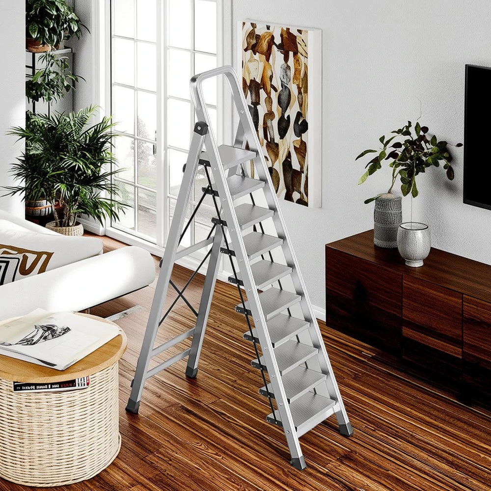 GROVIA 9/10/11/12-Step Aluminium Folding Ladder - 6cm Slim Design, 18cm Wide Non-Slip Pedal, Anti-Slip Feet - Silver