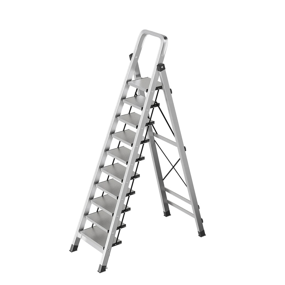 GROVIA 9/10/11/12-Step Aluminium Folding Ladder - 6cm Slim Design, 18cm Wide Non-Slip Pedal, Anti-Slip Feet - Silver