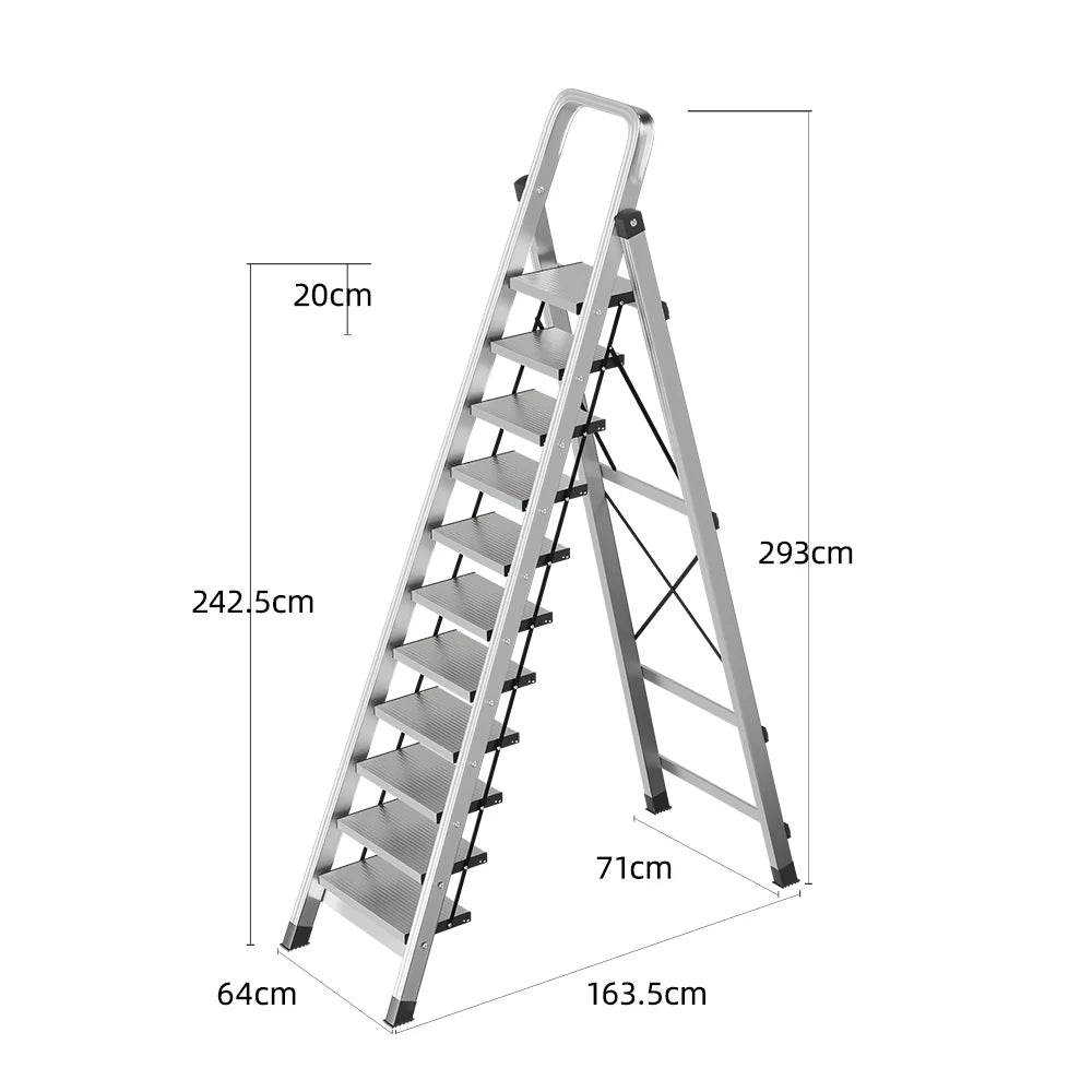 GROVIA 9/10/11/12-Step Aluminium Folding Ladder - 6cm Slim Design, 18cm Wide Non-Slip Pedal, Anti-Slip Feet - Silver